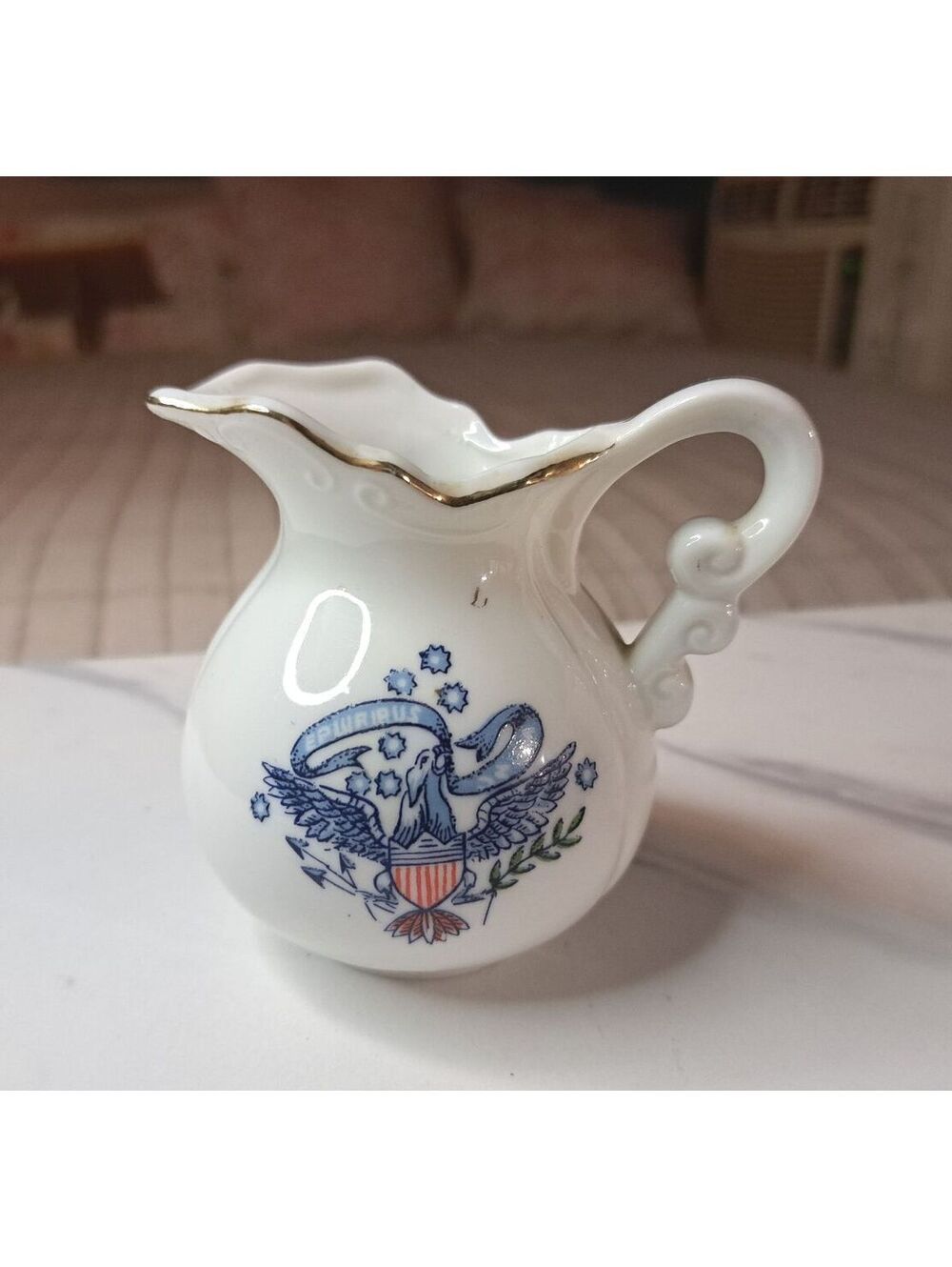 Vintage Enesco Federal Eagle Seal of the US Miniature Pitcher w/ Gold Trim 3.75"